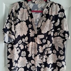 Floral Black and Cream Blouse.  Xl